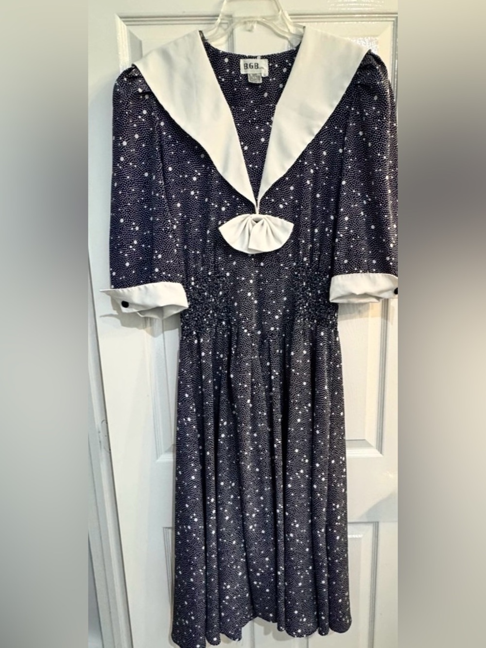 Vintage 80’s Navy Polka Dot Sailor Collar Dress with White Bow